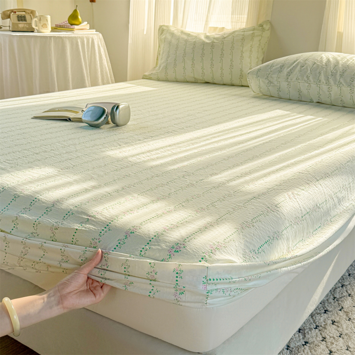 91家纺网 家纺一手货源 找家纺 多品家纺 2025新款超柔云感双层纱水洗棉单品床笠 绿藤