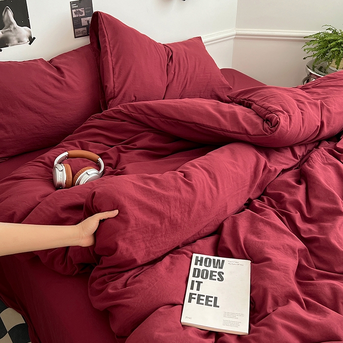 91家纺网 家纺一手货源 找家纺 思诺羽床笠 2025新款水洗棉四件套 胭脂红