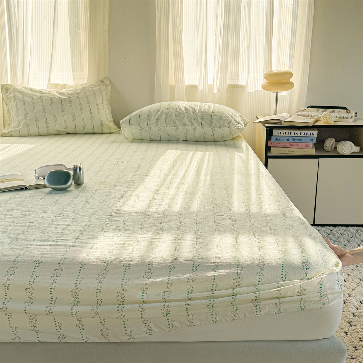 91家纺网 家纺一手货源 找家纺 多品家纺 2025新款超柔云感双层纱水洗棉单品床笠 绿藤