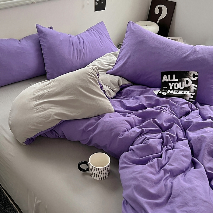 91家纺网 家纺一手货源 找家纺 思诺羽床笠 2025新款水洗棉四件套 罗兰紫拼灰