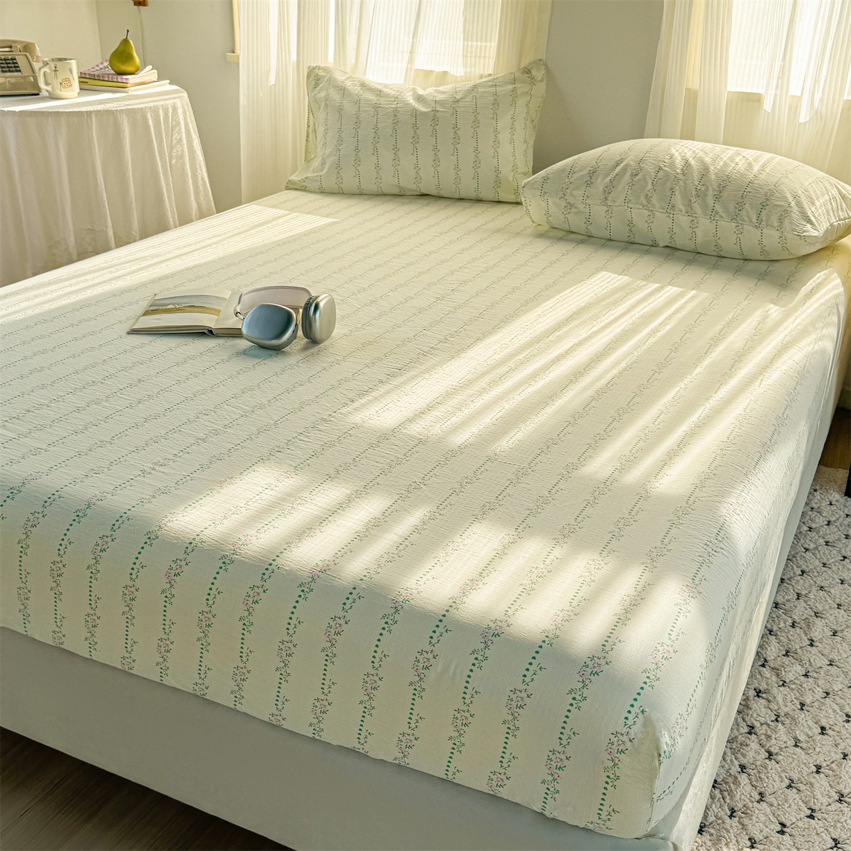 91家纺网 家纺一手货源 找家纺 多品家纺 2025新款超柔云感双层纱水洗棉单品床笠 绿藤