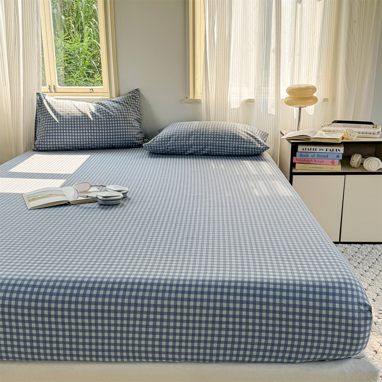 91家纺网 家纺一手货源 找家纺 多品家纺 2025新款超柔云感双层纱水洗棉单品床笠 绿格