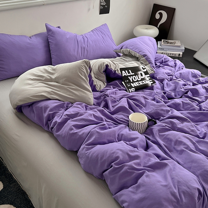 91家纺网 家纺一手货源 找家纺 思诺羽床笠 2025新款水洗棉四件套 罗兰紫拼灰