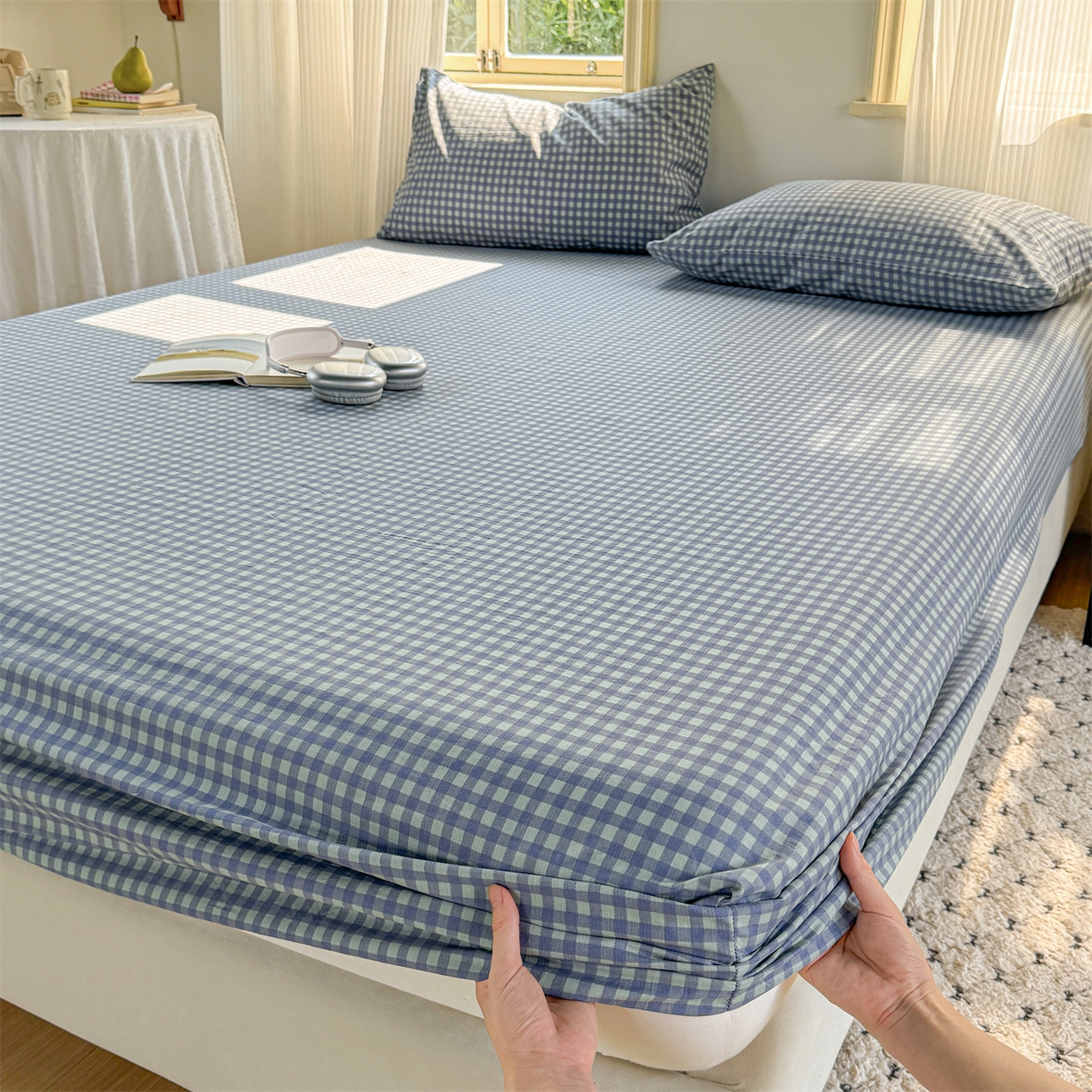 91家纺网 家纺一手货源 找家纺 多品家纺 2025新款超柔云感双层纱水洗棉单品床笠 绿格