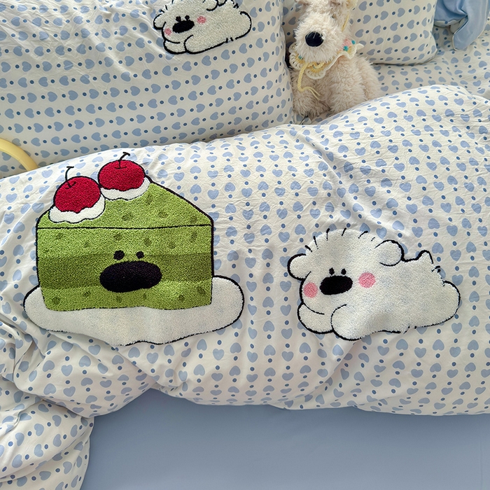 91家纺网 家纺一手货源 找家纺 罗亿家纺 2025新款110g高克重云朵棉直播热款毛巾绣四件套 抹茶蛋糕狗