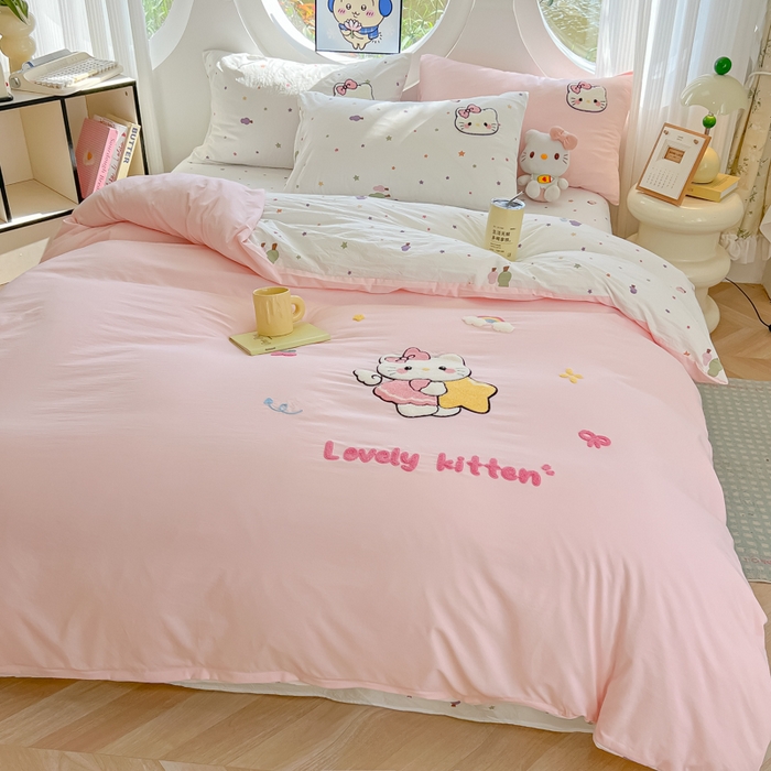 91家纺网 家纺一手货源 找家纺 罗亿家纺 2025新款110g高克重云朵棉直播热款毛巾绣四件套 星星粉kt