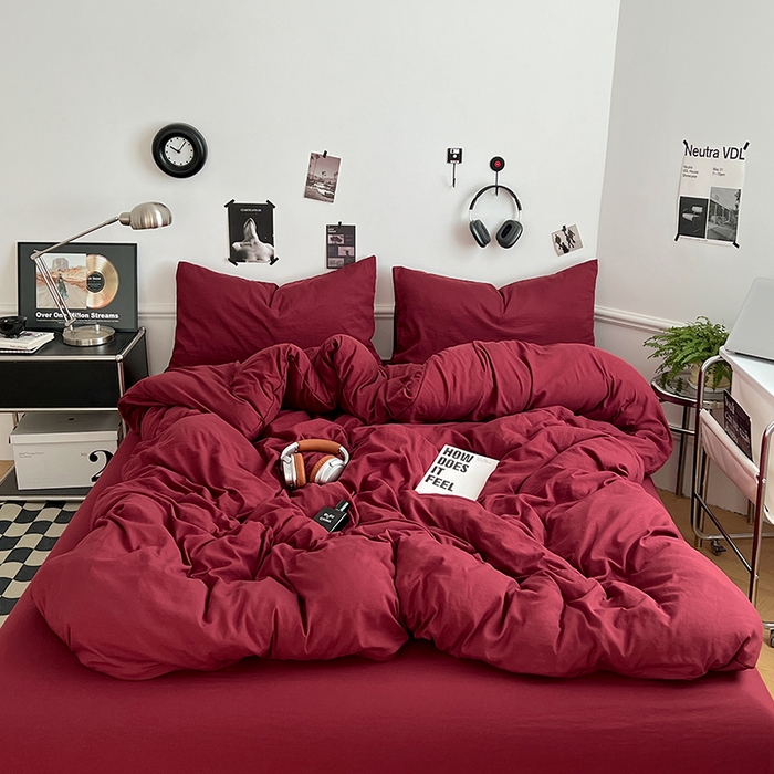 91家纺网 家纺一手货源 找家纺 思诺羽床笠 2025新款水洗棉四件套 胭脂红