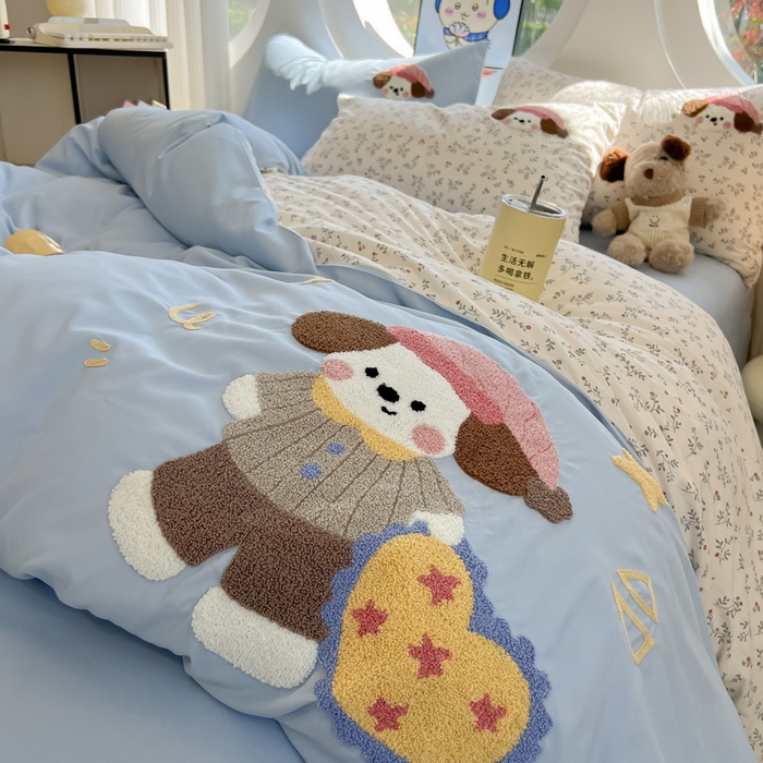 91家纺网 家纺一手货源 找家纺 罗亿家纺 2025新款110g高克重云朵棉直播热款毛巾绣四件套 晚安小狗