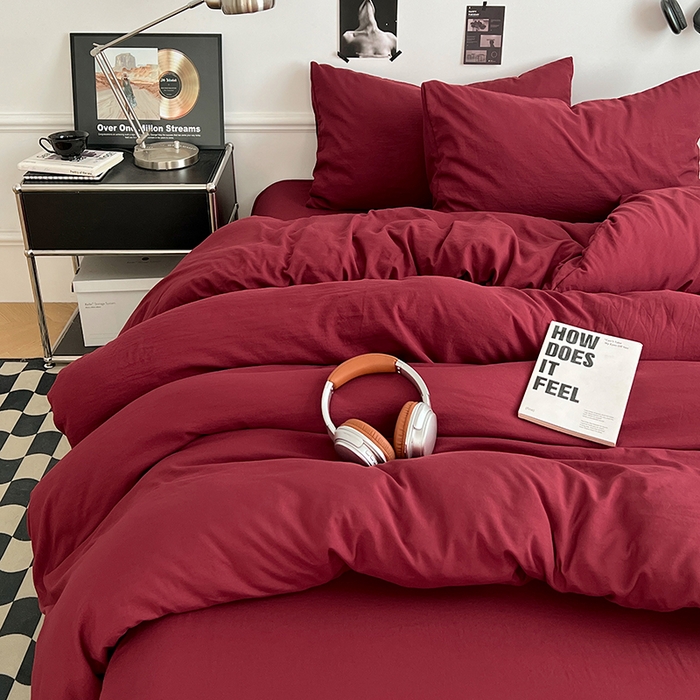 91家纺网 家纺一手货源 找家纺 思诺羽床笠 2025新款水洗棉四件套 胭脂红