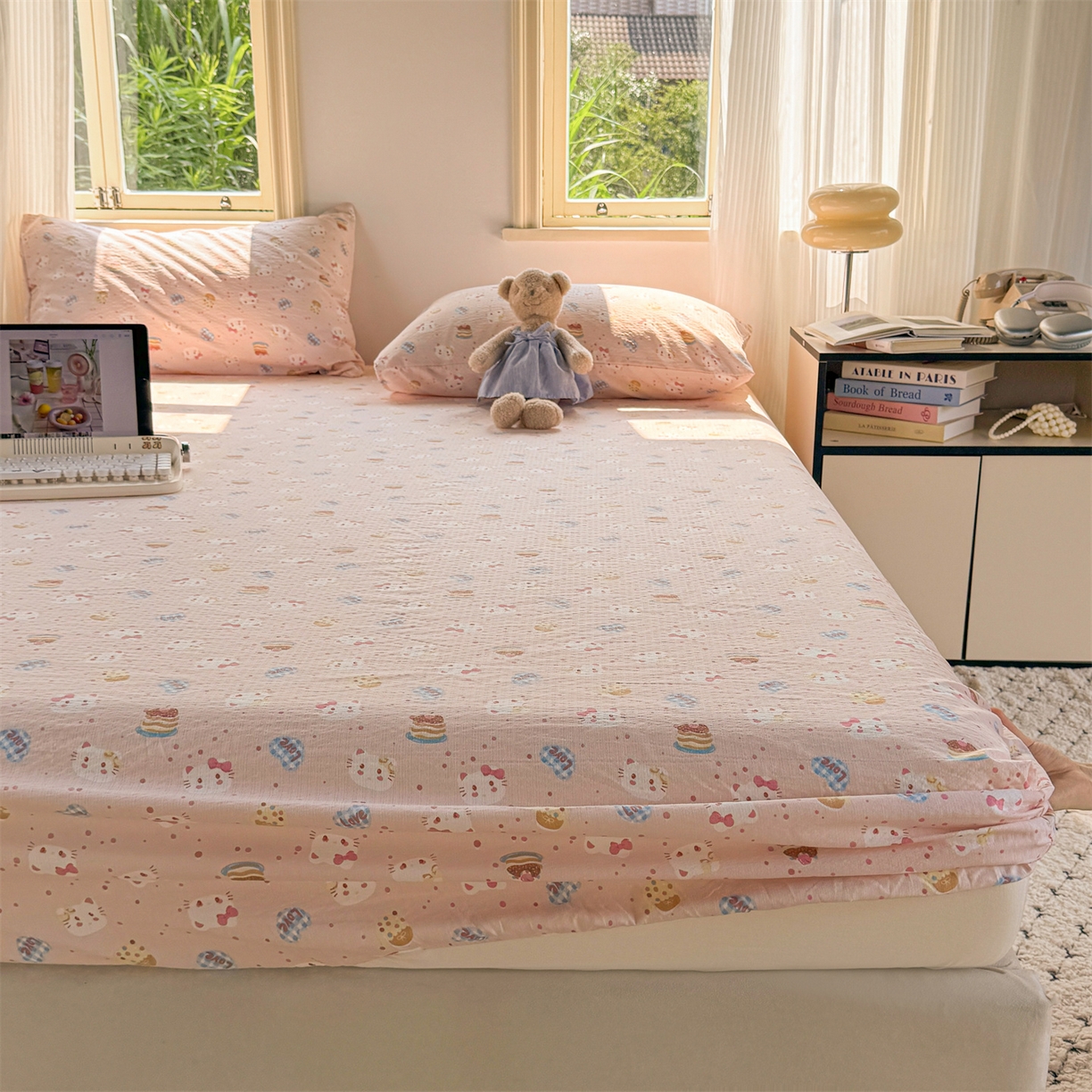 91家纺网 家纺一手货源 找家纺 多品家纺 2025新款超柔云感双层纱水洗棉单品床笠 布丁猫