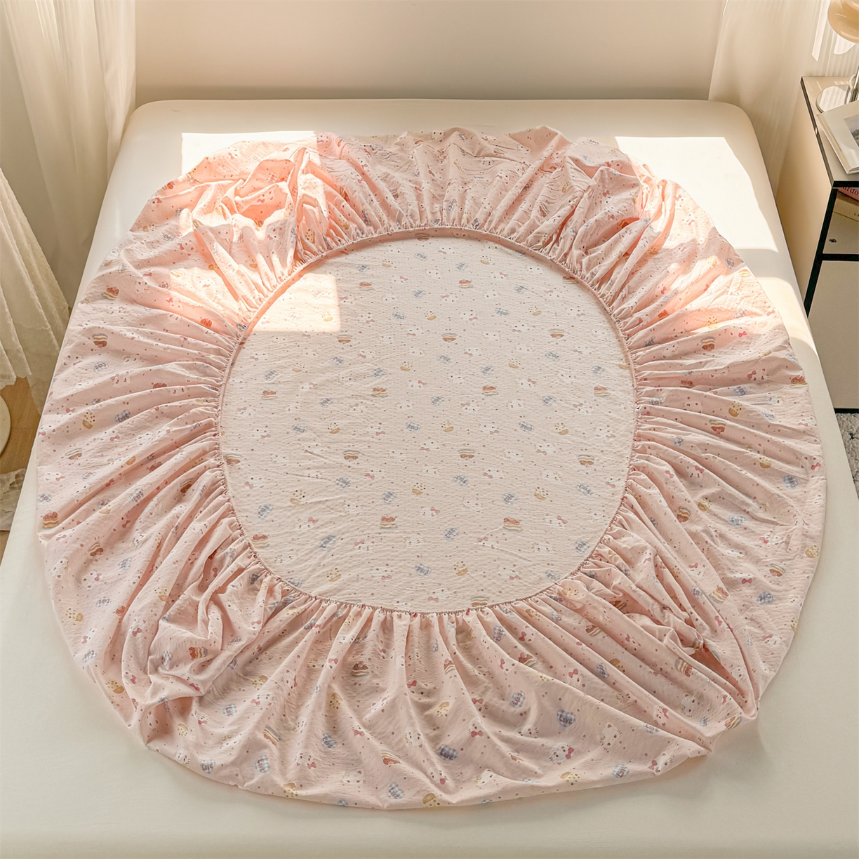 91家纺网 家纺一手货源 找家纺 多品家纺 2025新款超柔云感双层纱水洗棉单品床笠 布丁猫