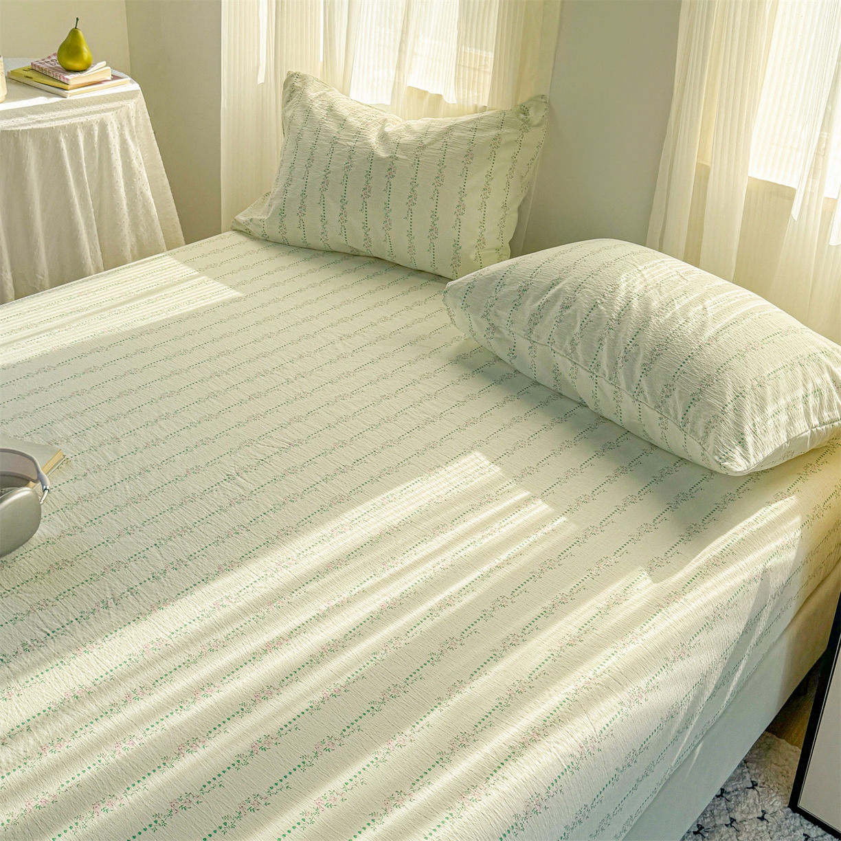 91家纺网 家纺一手货源 找家纺 多品家纺 2025新款超柔云感双层纱水洗棉单品床笠 绿藤