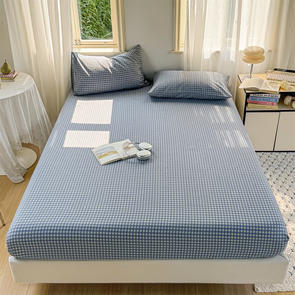 91家纺网 家纺一手货源 找家纺 多品家纺 2025新款超柔云感双层纱水洗棉单品床笠 绿格