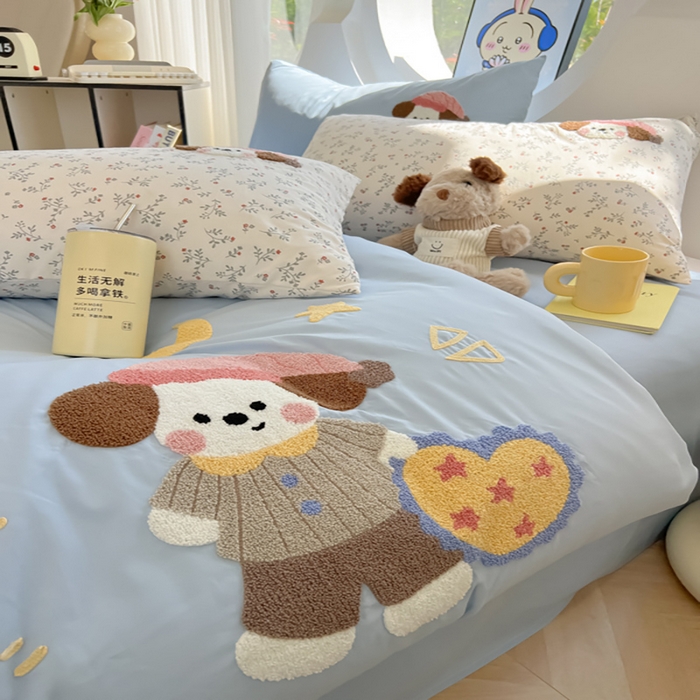 91家纺网 家纺一手货源 找家纺 罗亿家纺 2025新款110g高克重云朵棉直播热款毛巾绣四件套 晚安小狗