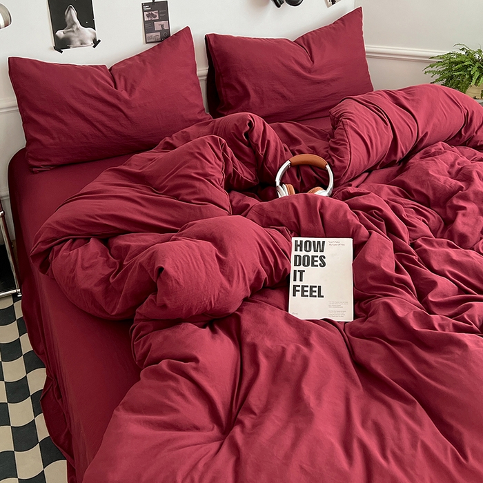 91家纺网 家纺一手货源 找家纺 思诺羽床笠 2025新款水洗棉四件套 胭脂红