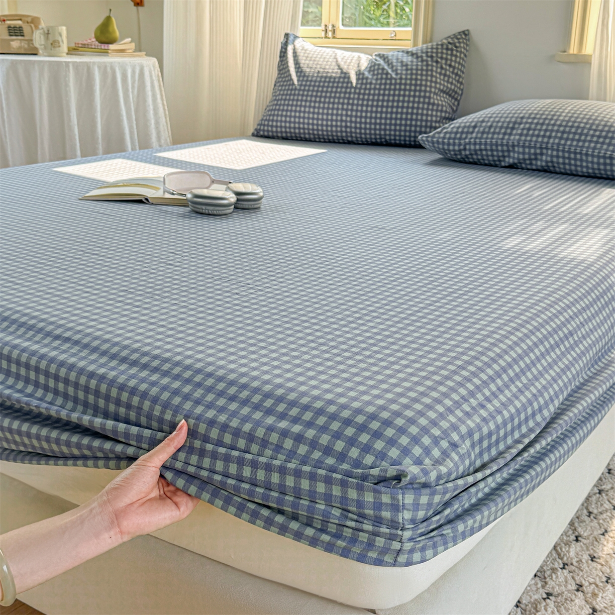 91家纺网 家纺一手货源 找家纺 多品家纺 2025新款超柔云感双层纱水洗棉单品床笠 绿格