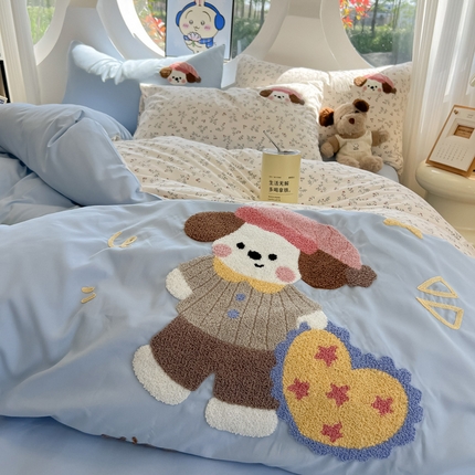 罗亿家纺 2025新款110g高克重云朵棉直播热款毛巾绣四件套 晚安小狗