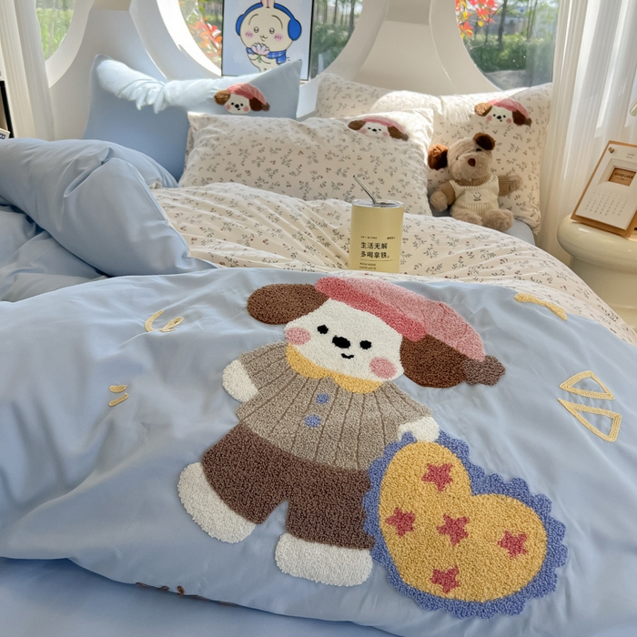 91家纺网 家纺一手货源 找家纺 罗亿家纺 2025新款110g高克重云朵棉直播热款毛巾绣四件套 晚安小狗