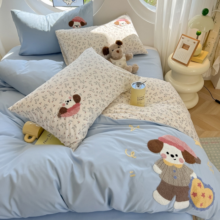 91家纺网 家纺一手货源 找家纺 罗亿家纺 2025新款110g高克重云朵棉直播热款毛巾绣四件套 晚安小狗