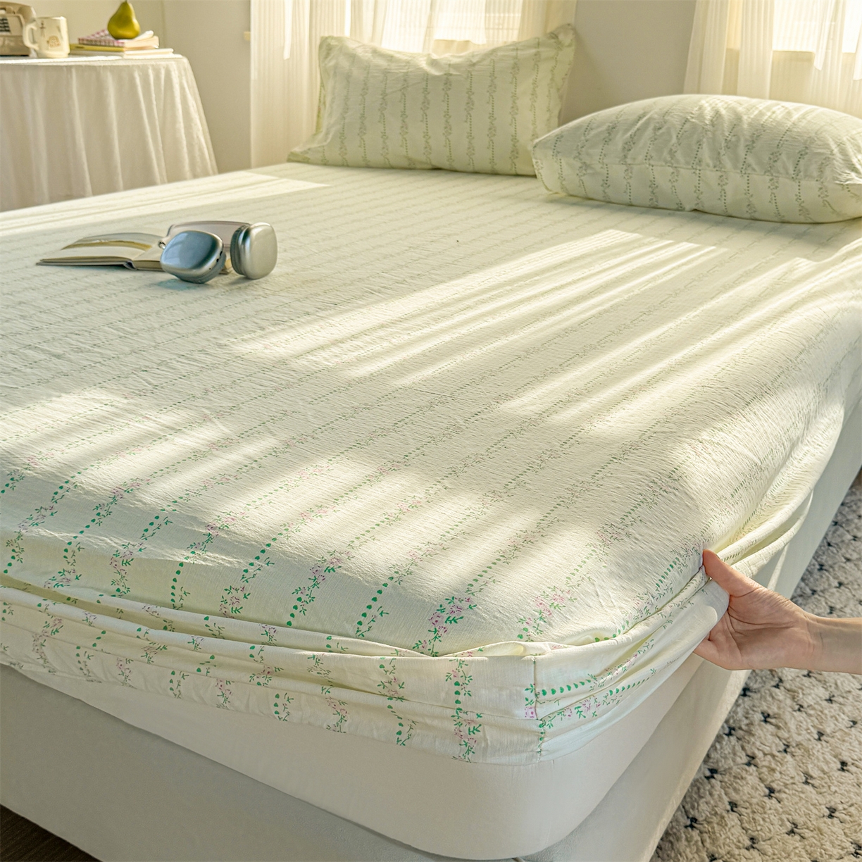 91家纺网 家纺一手货源 找家纺 多品家纺 2025新款超柔云感双层纱水洗棉单品床笠 绿藤