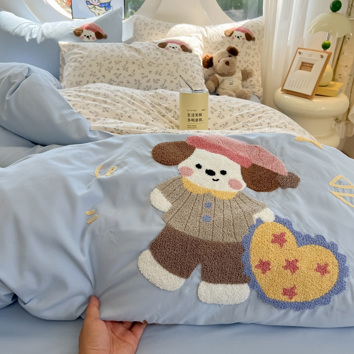 91家纺网 家纺一手货源 找家纺 罗亿家纺 2025新款110g高克重云朵棉直播热款毛巾绣四件套 晚安小狗