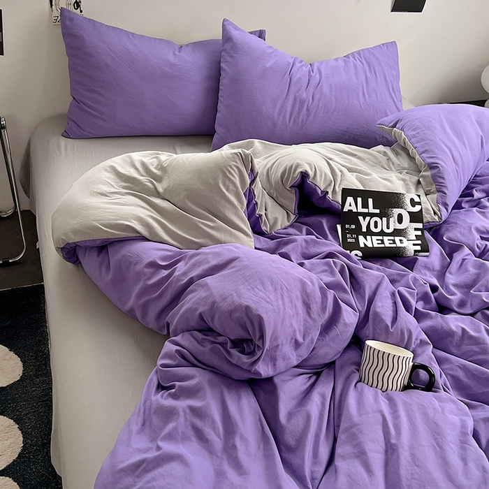 91家纺网 家纺一手货源 找家纺 思诺羽床笠 2025新款水洗棉四件套 罗兰紫拼灰