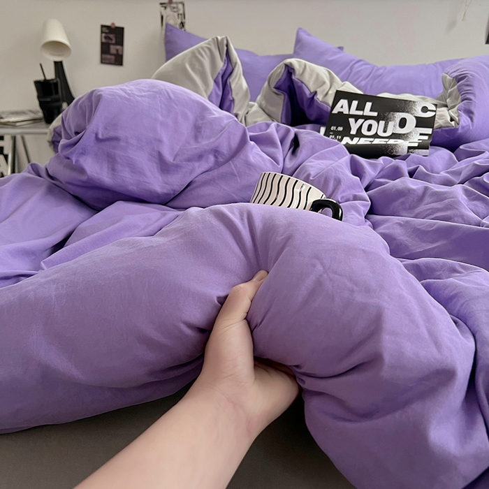 91家纺网 家纺一手货源 找家纺 思诺羽床笠 2025新款水洗棉四件套 罗兰紫拼灰