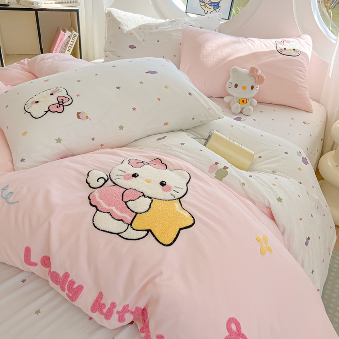 91家纺网 家纺一手货源 找家纺 罗亿家纺 2025新款110g高克重云朵棉直播热款毛巾绣四件套 星星粉kt