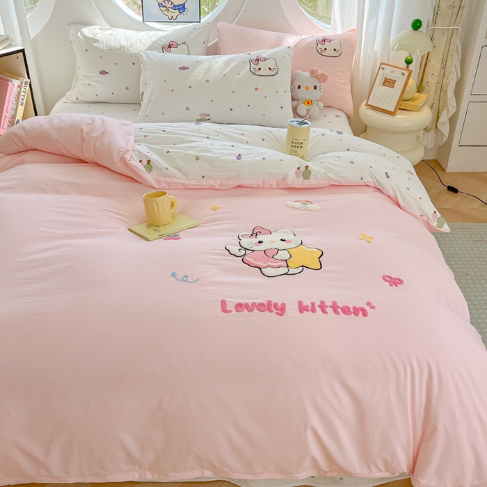 91家纺网 家纺一手货源 找家纺 罗亿家纺 2025新款110g高克重云朵棉直播热款毛巾绣四件套 星星粉kt