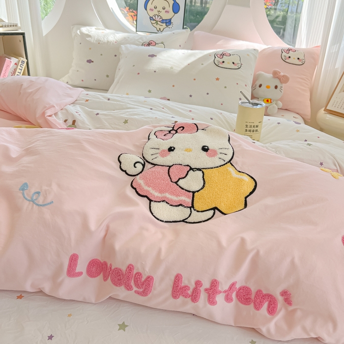 91家纺网 家纺一手货源 找家纺 罗亿家纺 2025新款110g高克重云朵棉直播热款毛巾绣四件套 星星粉kt