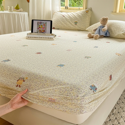 多品家纺 2025新款超柔云感双层纱水洗棉单品床笠 泡芙兔兔