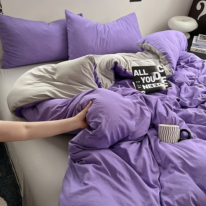 91家纺网 家纺一手货源 找家纺 思诺羽床笠 2025新款水洗棉四件套 罗兰紫拼灰