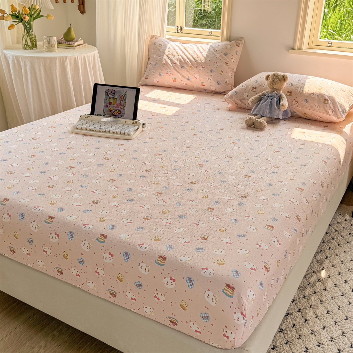 91家纺网 家纺一手货源 找家纺 多品家纺 2025新款超柔云感双层纱水洗棉单品床笠 布丁猫