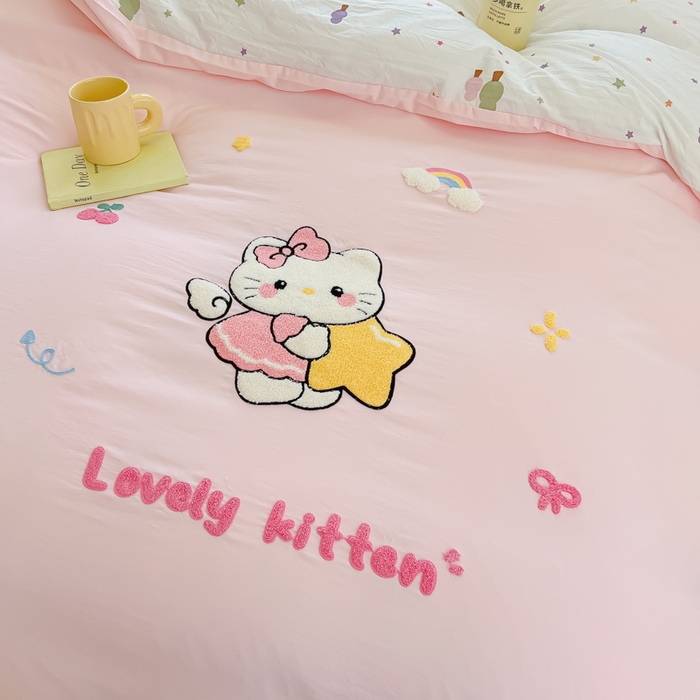 91家纺网 家纺一手货源 找家纺 罗亿家纺 2025新款110g高克重云朵棉直播热款毛巾绣四件套 星星粉kt