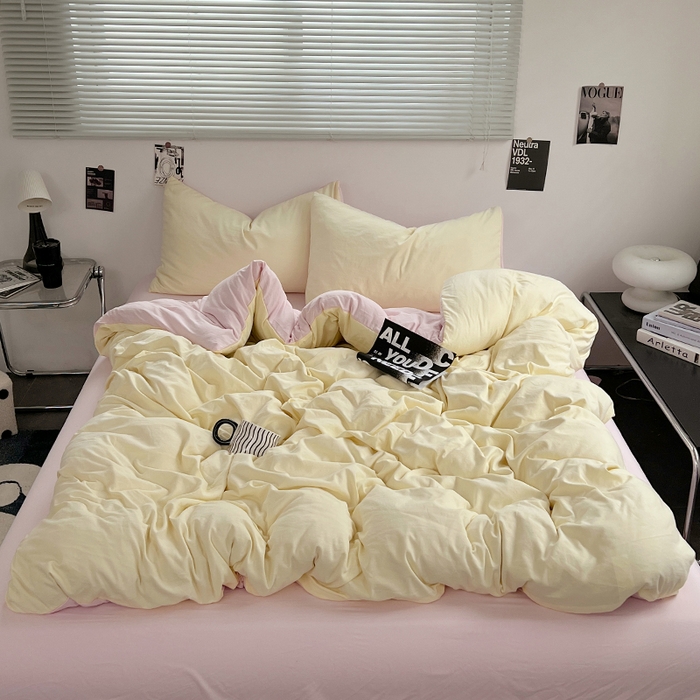 91家纺网 家纺一手货源 找家纺 思诺羽床笠 2025新款水洗棉四件套 薰衣草淡黄