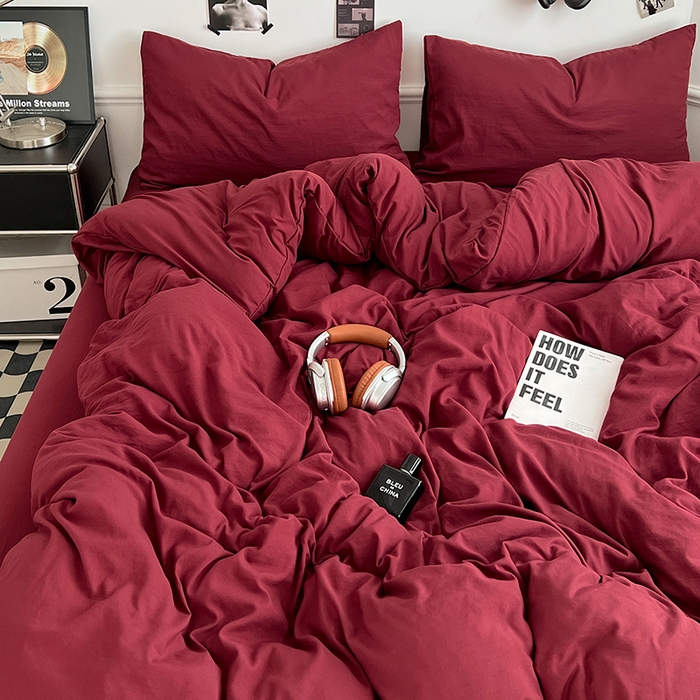 91家纺网 家纺一手货源 找家纺 思诺羽床笠 2025新款水洗棉四件套 胭脂红