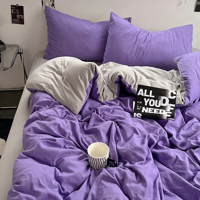 91家纺网 家纺一手货源 找家纺 思诺羽床笠 2025新款水洗棉四件套 罗兰紫拼灰