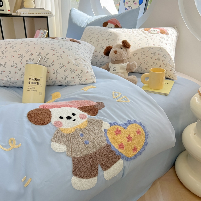 91家纺网 家纺一手货源 找家纺 罗亿家纺 2025新款110g高克重云朵棉直播热款毛巾绣四件套 晚安小狗