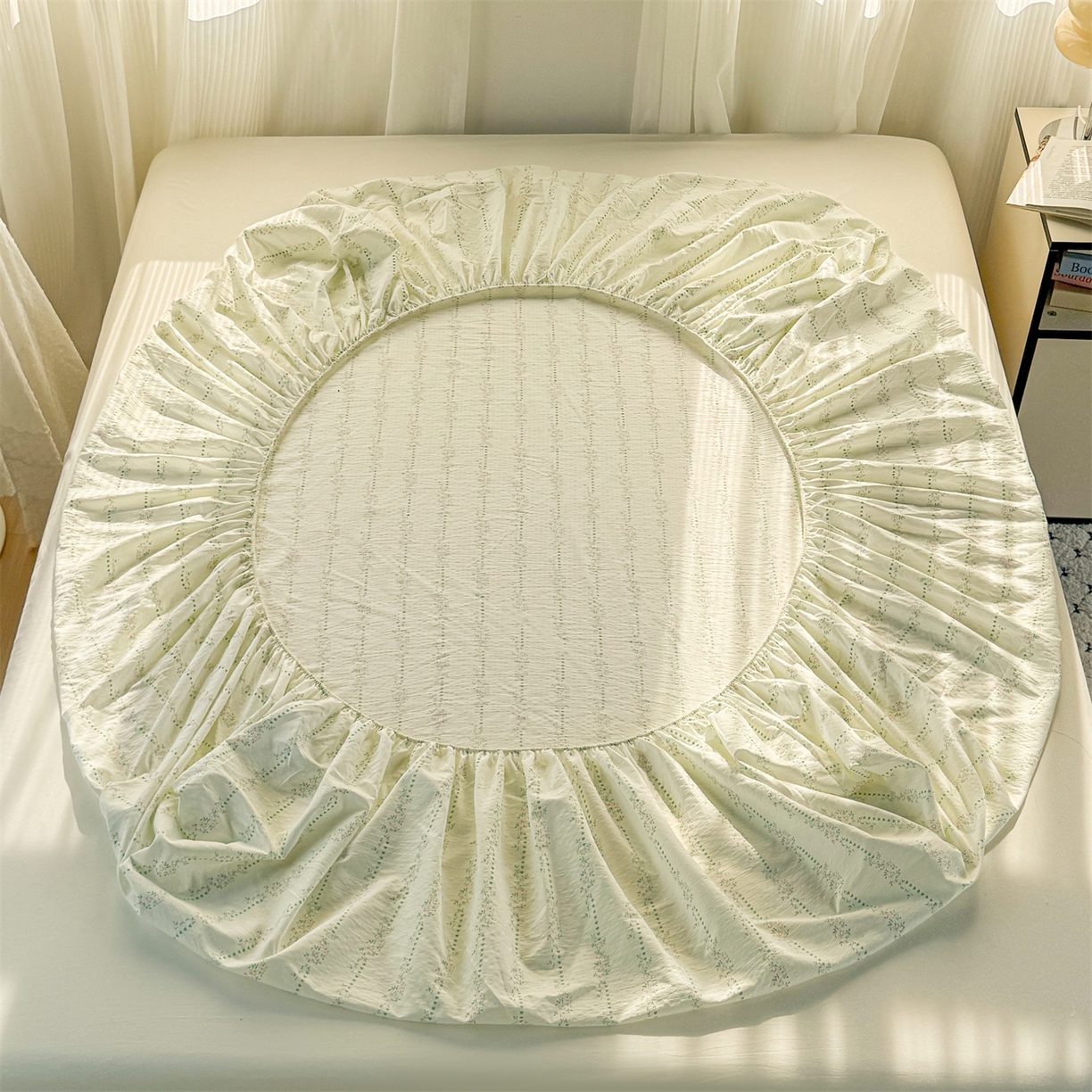 91家纺网 家纺一手货源 找家纺 多品家纺 2025新款超柔云感双层纱水洗棉单品床笠 绿藤