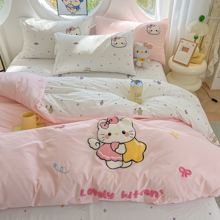 91家纺网 家纺一手货源 找家纺 罗亿家纺 2025新款110g高克重云朵棉直播热款毛巾绣四件套 星星粉kt