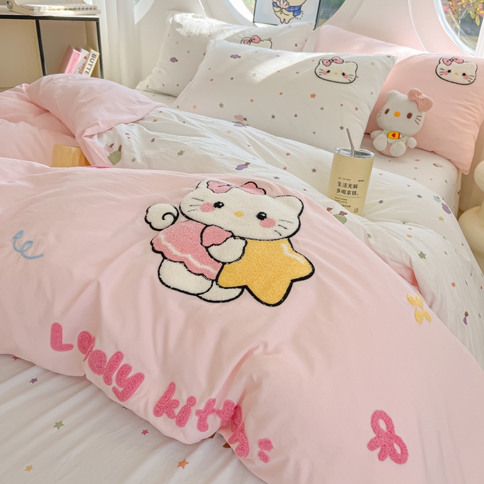 91家纺网 家纺一手货源 找家纺 罗亿家纺 2025新款110g高克重云朵棉直播热款毛巾绣四件套 星星粉kt