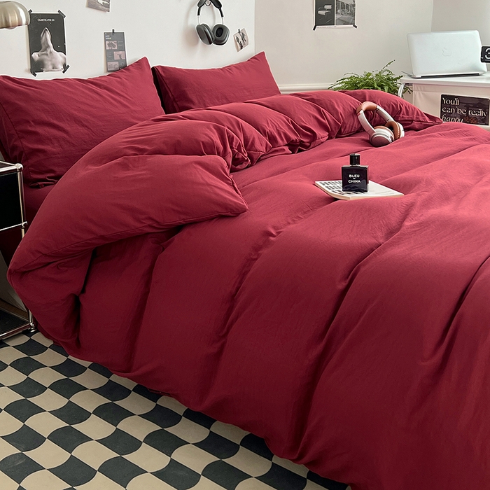 91家纺网 家纺一手货源 找家纺 思诺羽床笠 2025新款水洗棉四件套 胭脂红