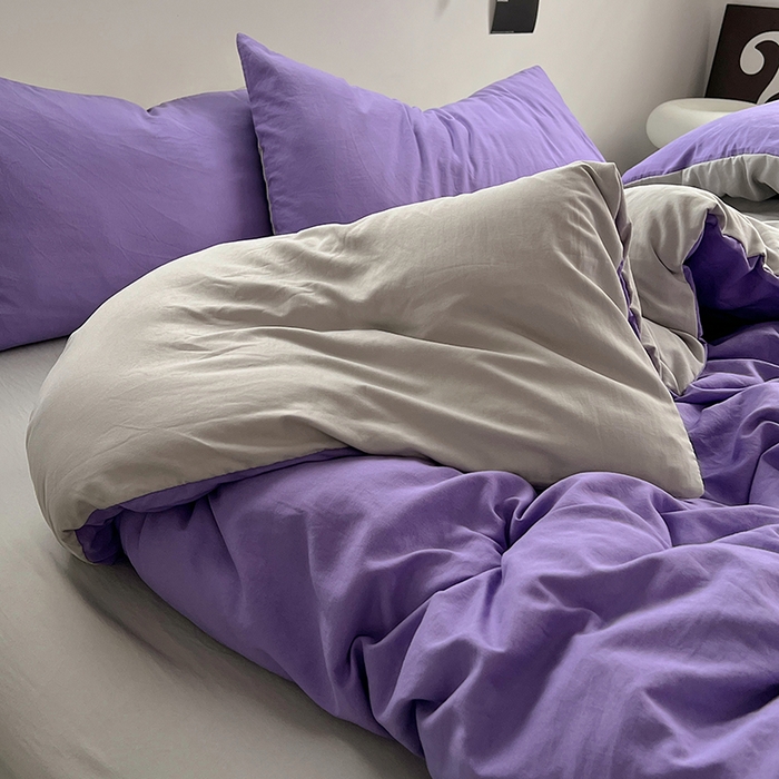 91家纺网 家纺一手货源 找家纺 思诺羽床笠 2025新款水洗棉四件套 罗兰紫拼灰
