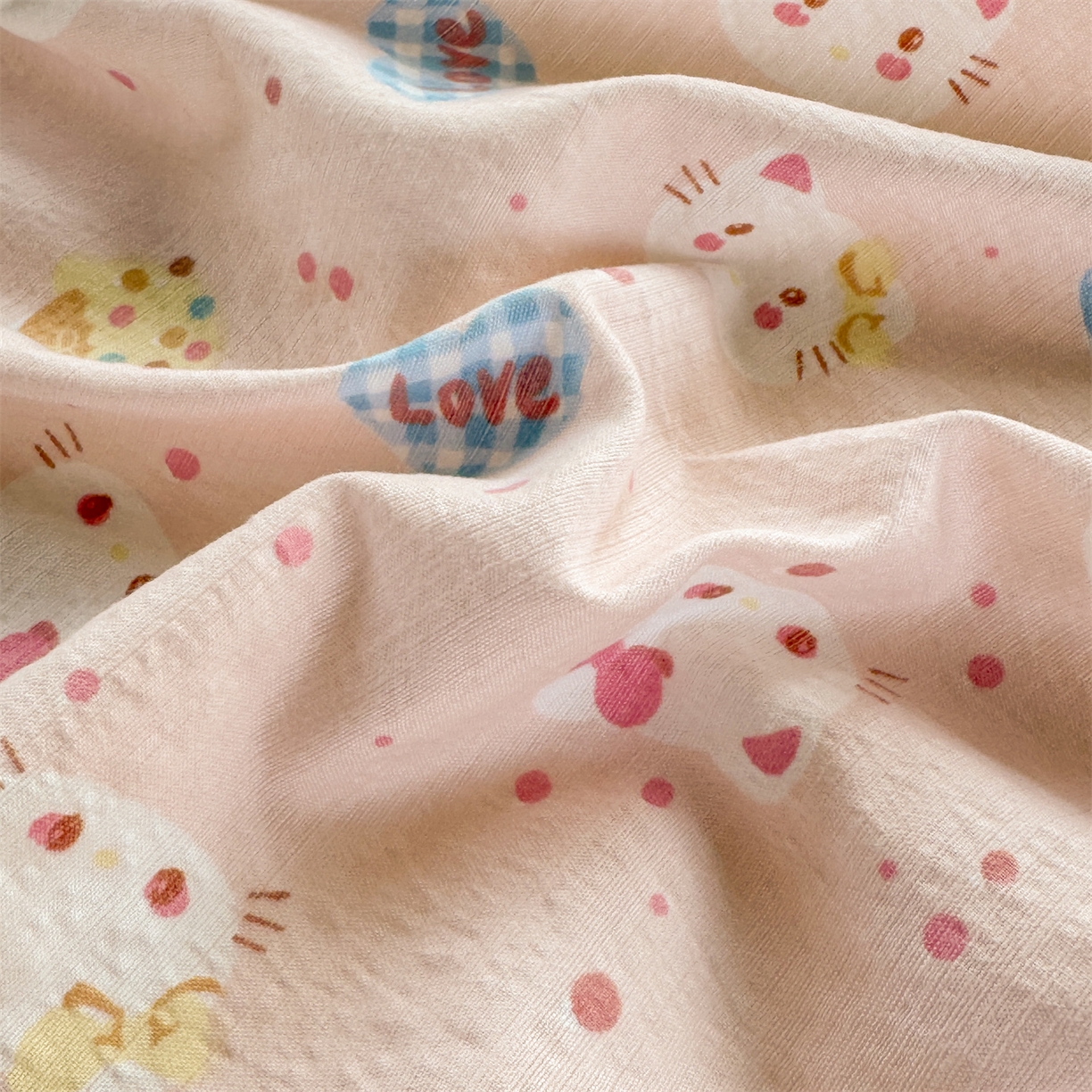 91家纺网 家纺一手货源 找家纺 多品家纺 2025新款超柔云感双层纱水洗棉单品床笠 布丁猫