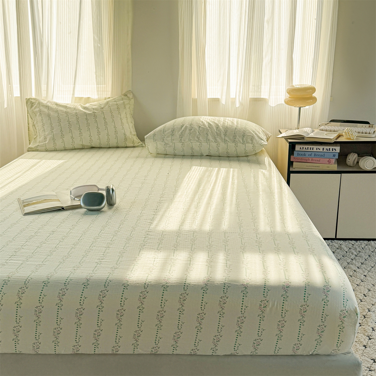 91家纺网 家纺一手货源 找家纺 多品家纺 2025新款超柔云感双层纱水洗棉单品床笠 绿藤