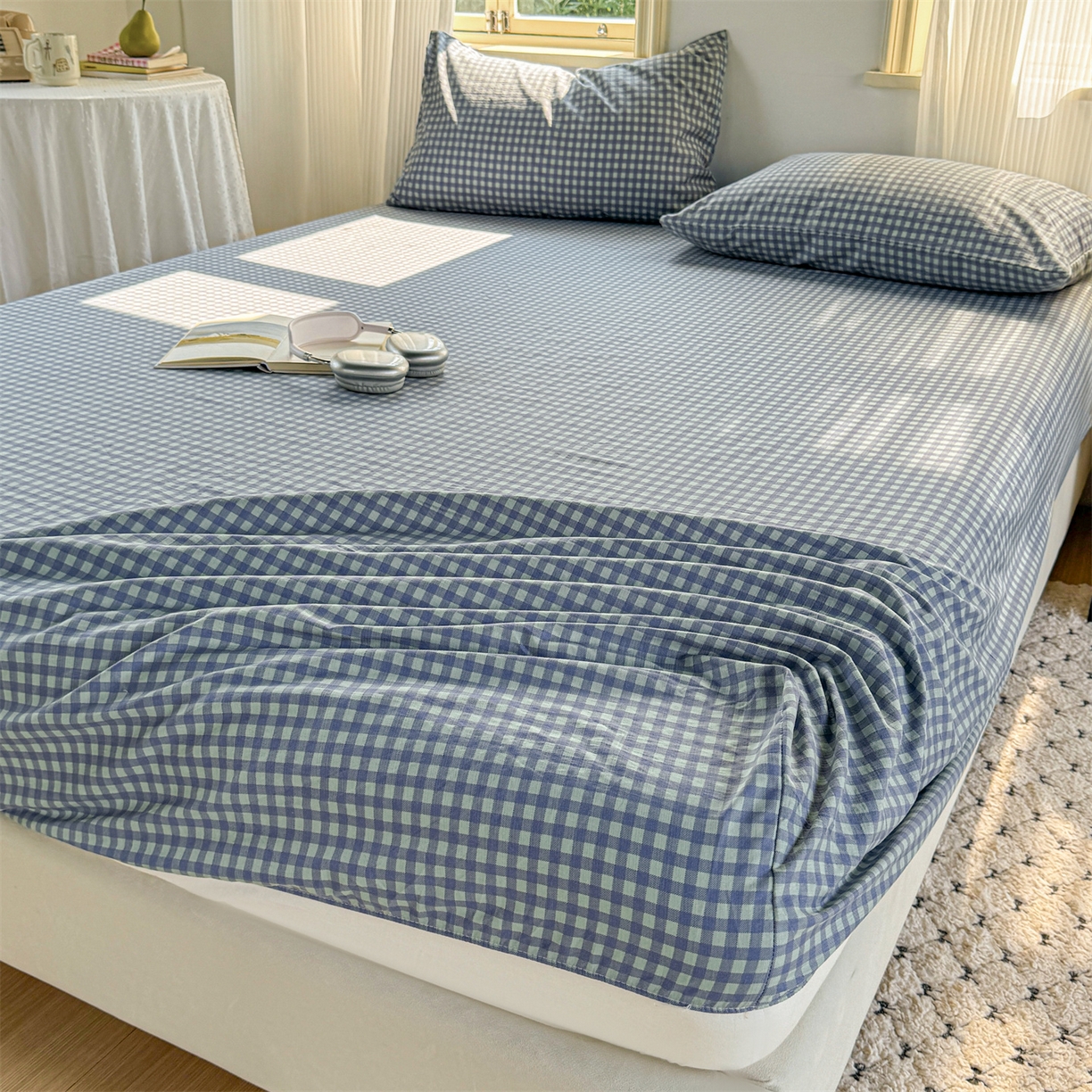 91家纺网 家纺一手货源 找家纺 多品家纺 2025新款超柔云感双层纱水洗棉单品床笠 绿格