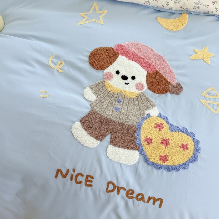 91家纺网 家纺一手货源 找家纺 罗亿家纺 2025新款110g高克重云朵棉直播热款毛巾绣四件套 晚安小狗