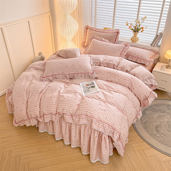 91家纺网 家纺一手货源 找家纺 2025新款韩版全棉公主风床裙单品 卡曼粉