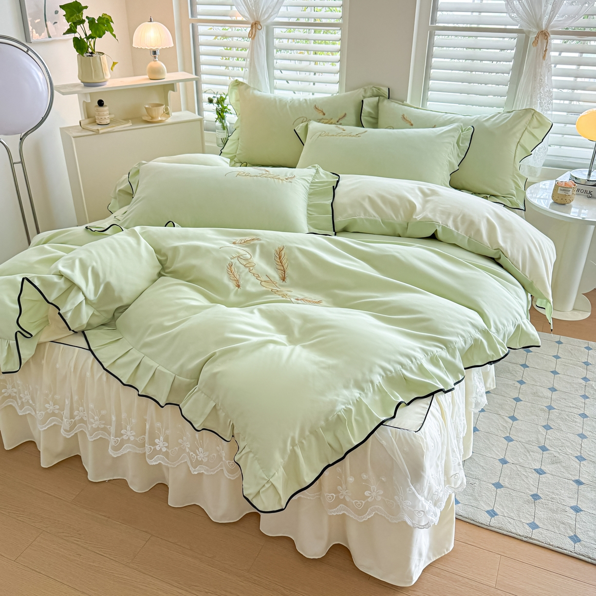 91家纺网 家纺一手货源 找家纺 柔享家（原芷澜家纺） 2025新款水洗棉磨毛系列四件套-恩格斯 嫩绿+米黄