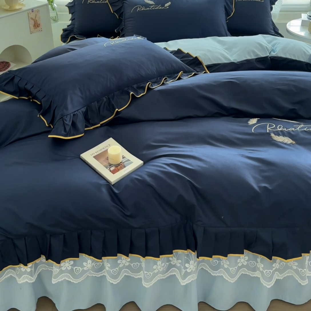 91家纺网 家纺一手货源 找家纺 柔享家（原芷澜家纺） 2025新款水洗棉磨毛系列四件套-恩格斯 藏蓝+天际蓝